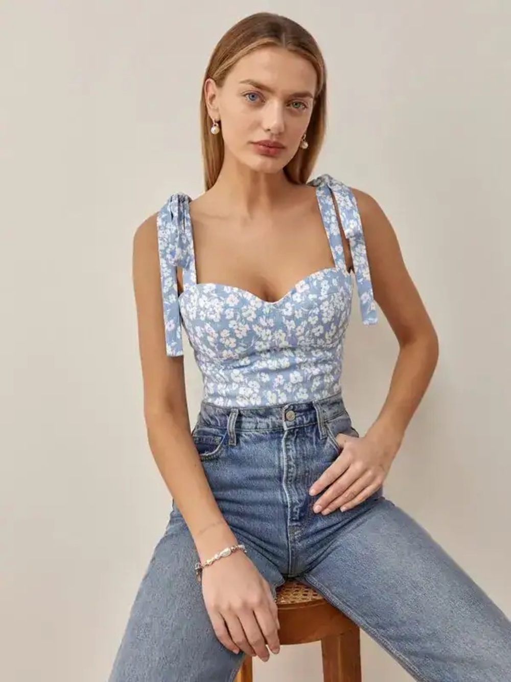 Reformation Jaxon linen floral tank top blue white size 10